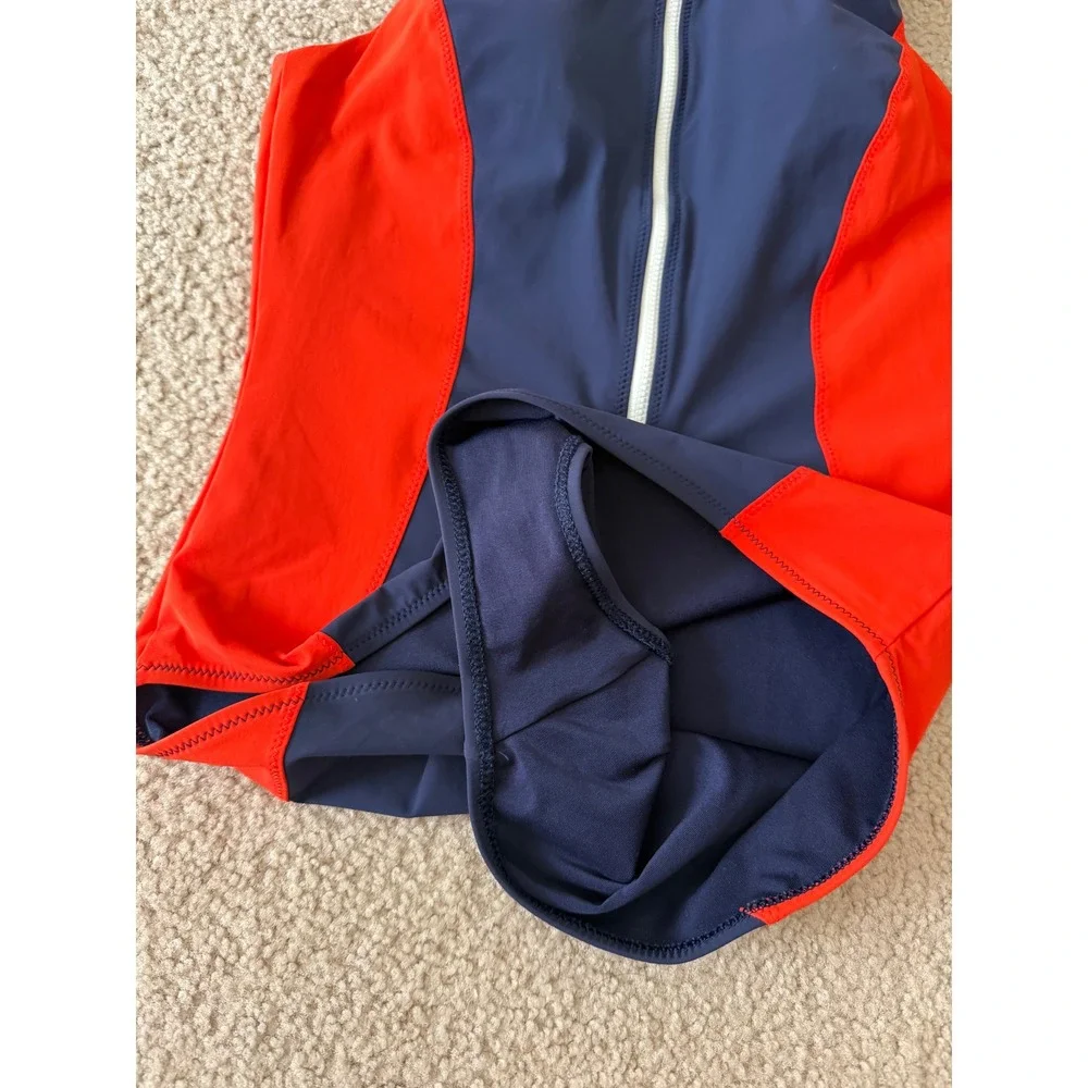Athleta Swimsuit One Piece Colorblock Zip Front Navy Blue Red Medium